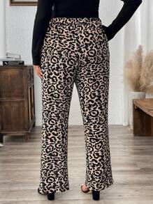 SHEIN LUNE Plus Size Fall Pants Leopard Print Flare Pants With Tie Bow Waistband Airport Women Outfits