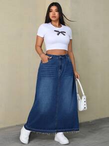 SHEIN ICON Plus Size Women's Loose Straight Pocket Denim Long Skirt