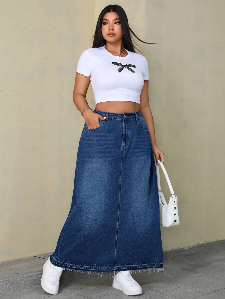 SHEIN ICON Plus Size Women's Loose Straight Pocket Denim Long Skirt