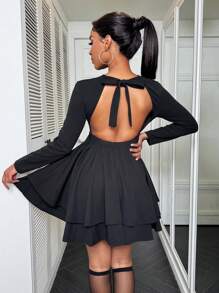VaVaBold Solid Color Round Neck Long Sleeve Backless Ruffled Hem Casual Vacation Dress