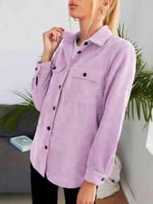 SHEIN Essnce 翻蓋口袋前紐扣襯衫不帶T恤 - 紫丁香色 - 查看 4