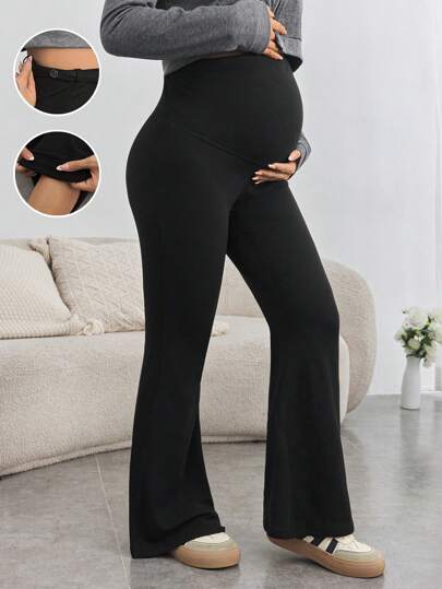 SHEIN Pantalones acampanados cómodos para maternidad, mallas de embarazo de cintura alta ajustable y extra largas