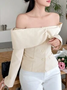 DAZY Women's Elegant Solid Off Shoulder Blazer, Spring And Summer,Fall Clothes Business Attire Cute Tops - Beige - View 6