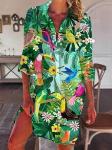 Camisa de manga larga y falda estampada con flores, pájaros y plantas, adecuada para vacaciones en la playa, ropa de mujer de talla grande