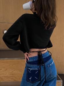 DAZY Áo khoác cardigan dài tay cổ tròn rộng rãi cho nữ - màu đen - Xem 4