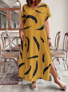 EMERY ROSE 大码女式夏季刷印花 V 领蝙蝠袖短袖休闲长款直筒连衣裙长款女装 - 黃色 - 查看 4