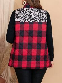 EMERY ROSE Abrigo acolchado con bolsillos, diseño de parches de leopardo y cuadros, talla grande para otoño e invierno