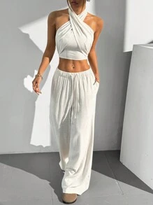 SHEIN EZwear 2 pièces/ensemble Top sans manches à col ras-du-cou et dos nu de couleur unie et pantalon long à cordon de serrage pour femmes