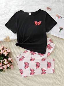 2 bộ đồ mặc nhà đơn giản cổ tròn tay ngắn in nơ cho bé gái tuổi teen và quần in họa tiết toàn thân - màu đen - Xem 1