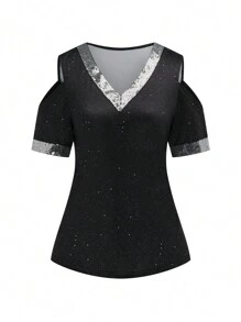 SHEIN LUNE Women Sequin Patchwork V-Neck Off Shoulder T-Shirt - Black - View 3