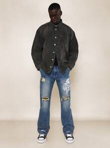 SUMWON Flare Fit Ripped Denim Jean With Splatter Paint * Angel Graphic Print - Blue - View 3
