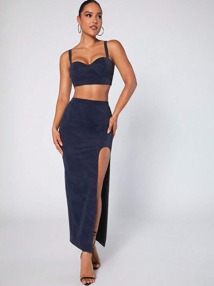 Crop Cami Top & Split Thigh Skirt Two Pieces Set