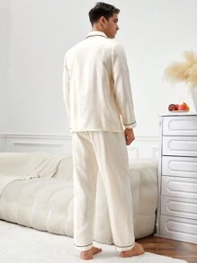 2pcs Men's Contrast Binding Pajama Set - Long Sleeve Top And Pants - Champagne - View 2