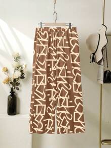 EMERY ROSE 2 chiếc áo cánh dơi tay dài màu trơn cỡ lớn cho nữ mùa hè và quần ống rộng in họa tiết hình học thường ngày - Lạc đà - Xem 3