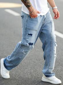 Manfinity LEGND Plus Size Men's Fashion Distressed Denim Jeans - Blue - View 3