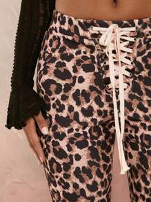 Opulessa Leopard Print Tie Front Flare Leg Pants For Vacation,Tall Women Pants,Fall Pants,VCAY - Brown - View 3