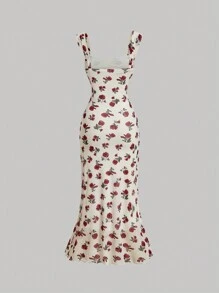 SHEIN MOD Retro Floral Square Neck Bodycon Halter Dress, Summer Midi Dress, Sexy Dress, Elegant Dress, Flowy Dress, Prom Dress - Red and White - View 2