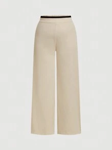 SHEIN MOD Plus Size Khaki Simple Versatile Contrast Black Trim Blazer Vest And Wide Leg Pants 2pcs Set