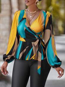 SHEIN Unity 女士拼色印花长袖衬衫（印花多种）荷叶边上衣