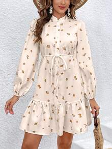 SHEIN VCAY Floral Print Ruffle Hem Long Sleeve Dress - Multicolor - View 3