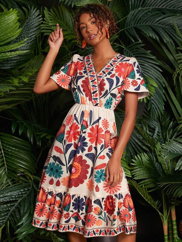Travachic Blumen-Muster Schmetterlings-Ärmel Volant-Saum Damen Kleid, Herbstmode Damenkleider