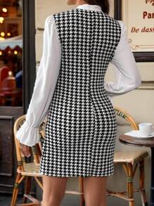SHEIN Pregnant Women Spring And Autumn Leisure Houndstooth Stitching Lotus Leaf Sleeve Neckline Tie Dress, For Maternity