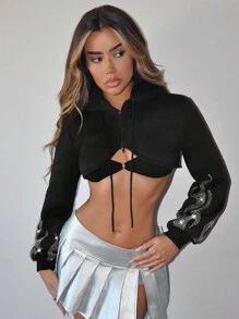 SHEIN ICON 水钻缀饰长袖连帽拉链运动衫 - 黑色 - 查看 1