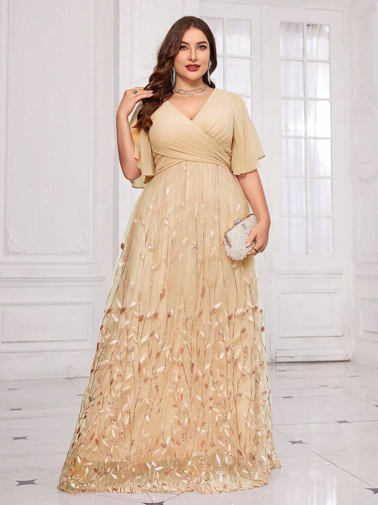UNITHORSE [Random Cut] Plus Size V-Neck Ruffle Sleeve Chest Ruched Leaf Mesh Embroidery Sequin Dress Wedding - Champagne - View 8