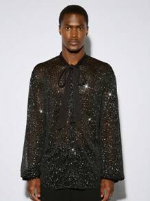 Manfinity VCAY 1pc Quần áo Y2K nam vui nhộn giản dị hợp thời trang đường phố cổ điển sequins dây buộc áo sơ mi dài tay có thể nhìn thấy quần áo mùa thu quần áo Halloween - màu đen - Xem 4