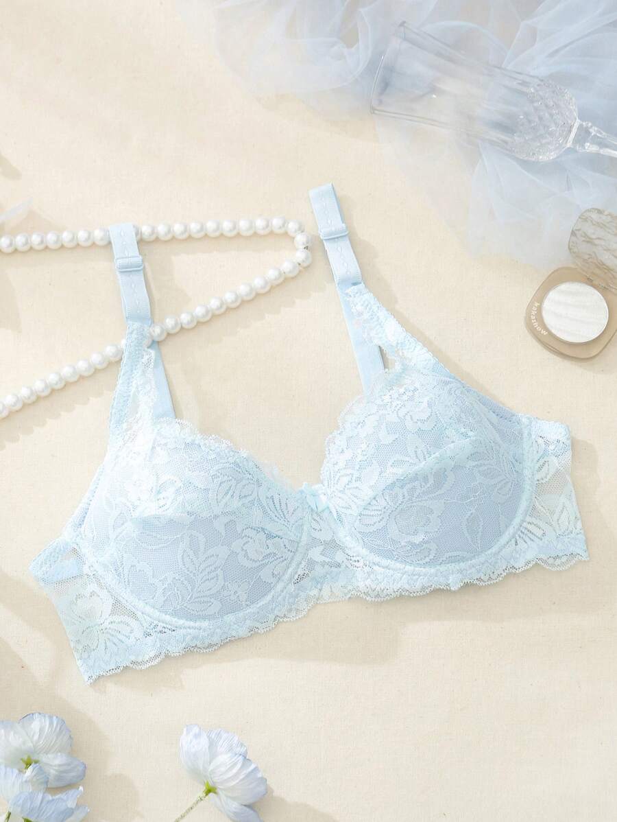 Women's Solid Single-Layer Lace Bra Lingerie - Baby Blue - View 1