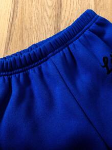 SHEIN 2 peças Conjunto de Moletom com Capuz e Estampa de Letra e Calça com Estampa de Letra para Meninas Jovens, Primavera e Outono - Azul - Visão 6