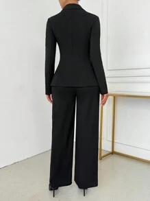 SHEIN SXY 女士优雅单排扣缺口翻领西装外套和裤子套装秋冬女装办公室服装 - 黑色 - 查看 2