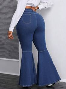 SHEIN SXY Jeans ajustados acampanados con cintura alta y elástico de talla grande - Azul lavado oscuro - Ver 2