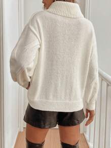 Chiquease Áo len cổ lọ dệt kim gân rộng rãi cỡ lớn cho mùa thu đông, màu trắng - trắng - Xem 2