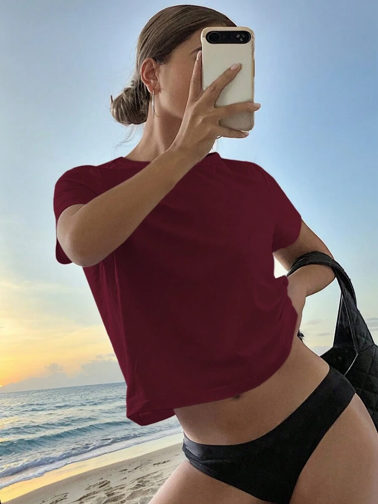 Women Solid Color Round Neck Fitted Short Sleeve Base T-Shirt Summer