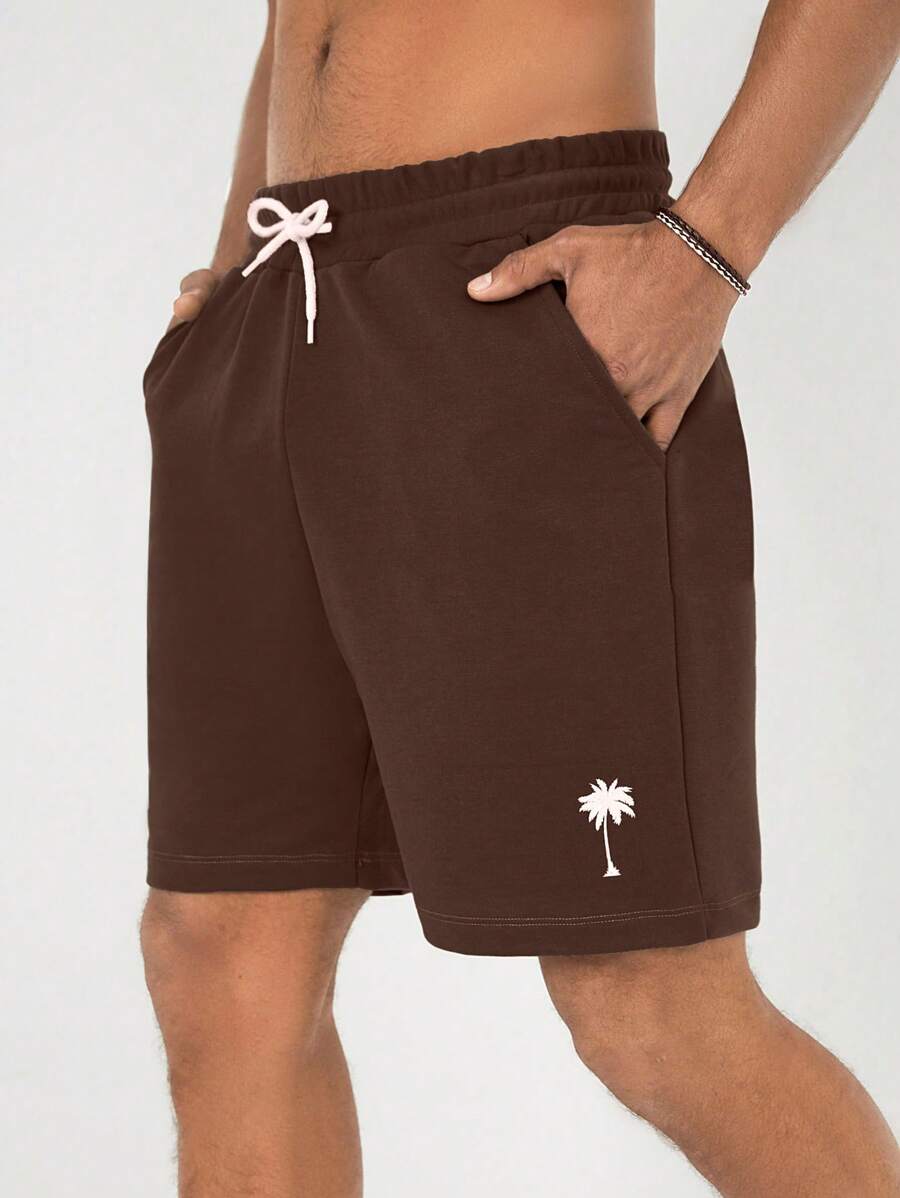 RueChic Men's Coconut Tree Printed Drawstring Waist Shorts - Brown - View 1