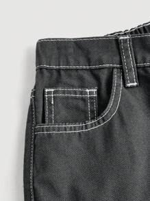 SHEIN 青少年女孩休闲时尚宽松牛仔裤，带翻盖口袋和撞色缝线细节直腿工装牛仔裤，适合春夏季服装