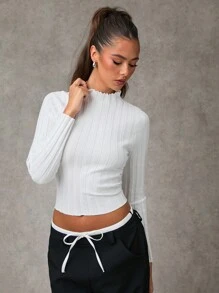SHEIN BAE Women's Solid Crew Neck Long Sleeve Casual Sweater Fall Women Sweaters Fall Women Clothes Fall Tops Long Sleeves Woman Winter Women Clothes Fall Women Tops White Turtleneck Winter Tops Winter Clothes Long Sleeve Women Tops Halloween Sweater - White - View 4