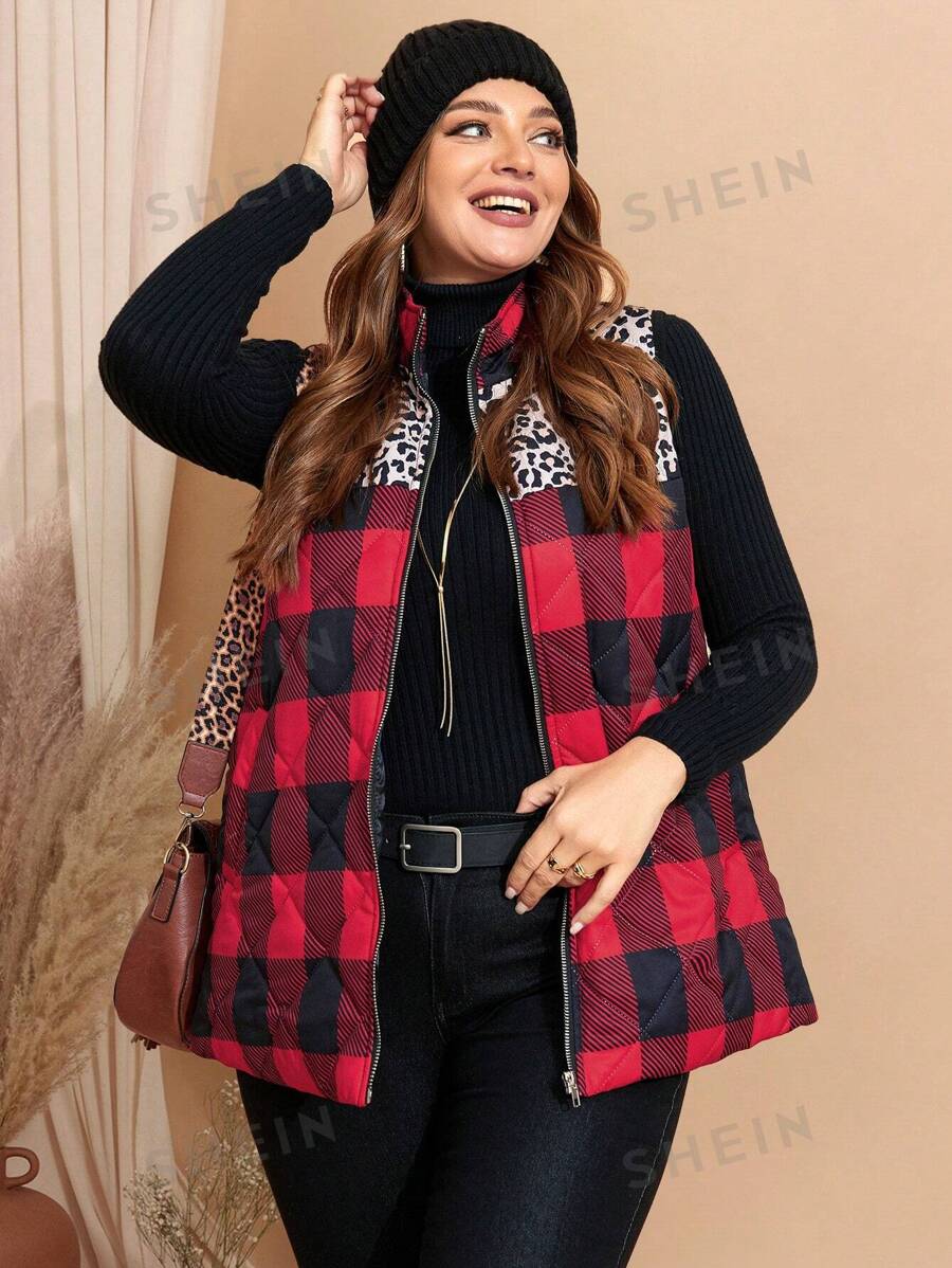 EMERY ROSE Abrigo acolchado con bolsillos, diseño de parches de leopardo y cuadros, talla grande para otoño e invierno