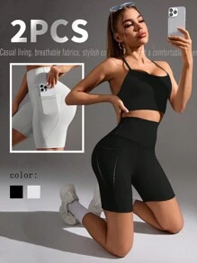 Gameset SHEIN Sport Quần short thể thao gợi cảm, giản dị, thanh lịch, yoga, thể dục, áo khoác ngoài cơ bản có túi - Nhiều màu - Xem 2