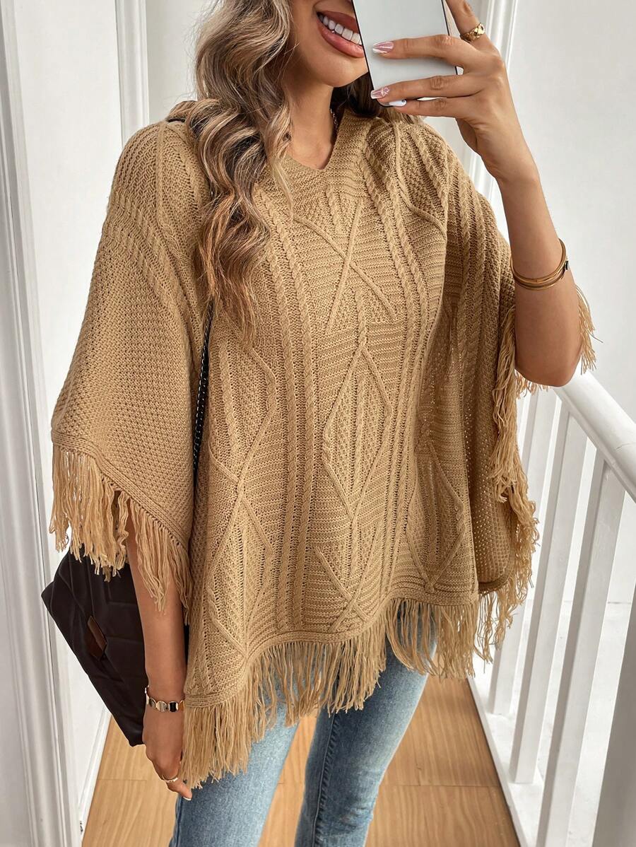 Chiquease 女士纯色简约休闲流苏装饰毛衣，针织套头衫，秋冬款 - 卡其色 - 查看 1