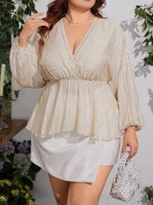 SHEIN Clasi Plus Size V-Neck Ruffle Trim Silver Blouse - Apricot - View 7