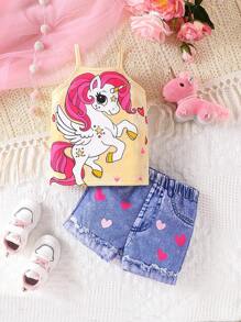 SHEIN Conjunto de 2 piezas para bebé niña con top de camisola de punto con estampado floral y pantalones cortos de tejido - Amarillo - Ver 2