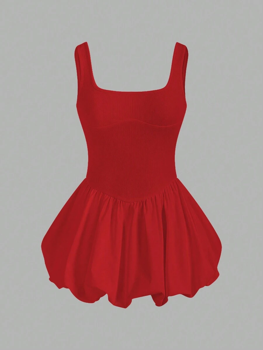 SHEIN ICON 紧身荷叶边下摆吊带背心连衣裙 - 紅色 - 查看 1