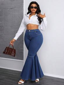 SHEIN SXY Jeans ajustados acampanados con cintura alta y elástico de talla grande - Azul lavado oscuro - Ver 3