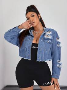 SHEIN ICON Plus Size Women's Solid Color Casual Hooded Long Sleeve Denim Jacket - Blue - View 6
