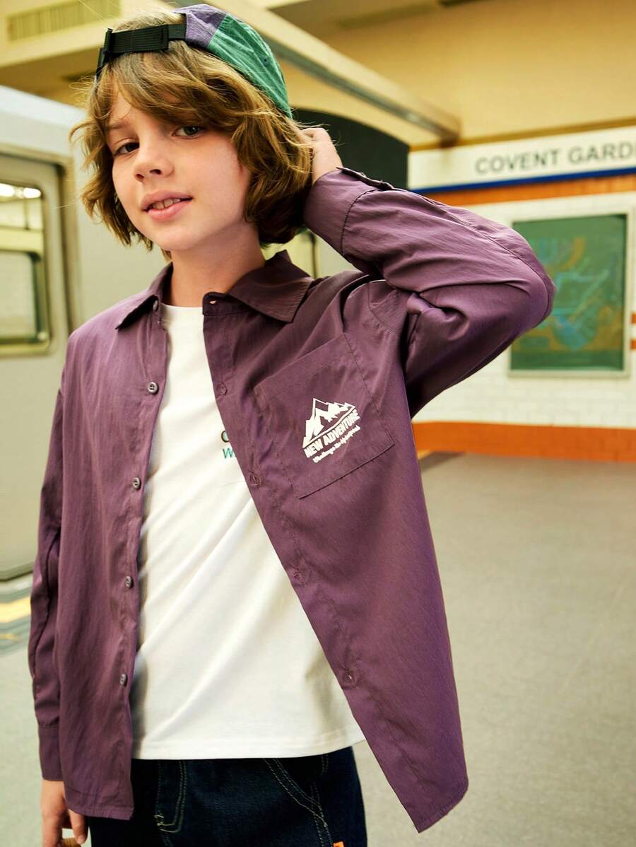 SHEIN 男童秋季户外休闲字母印花长袖衬衫，轻便 - 紫色 - 查看 1