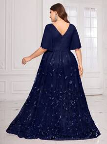 UNITHORSE Plus Size V-Neck [Random Cut] Ruffle Sleeve, Chest Pleated Leaf Mesh Embroidery Sequin Mesh Contrast Color Formal Dress, Elegant For Gala, Wedding Guest, Graduation, Bridal, Birthday Party, Formal Occasion Spring - Navy Blue - View 2