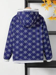 SHEIN Tween Boy Casual Full-Print Hooded Fleece Jacket, Autumn/Winter - Navy Blue - View 2