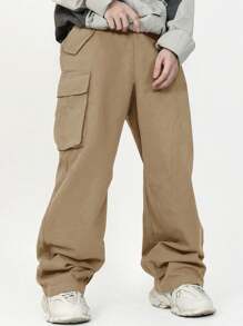 SHEIN Leap Crew 年轻男孩休闲韩版侧口袋3D贴袋宽松直筒纯色编织裤